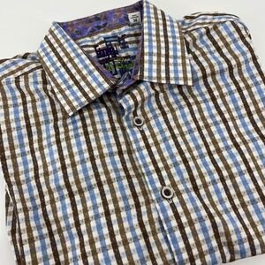 Robert Graham Shirt Mens Size Medium Linen Classic Fit  Flip Cuff‎ Purple Plaid